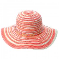 Wide Brim Mixed Stripes Toyo Straw Hats – 12 PCS w/ Beaded Band - Pink - HT-8181PK